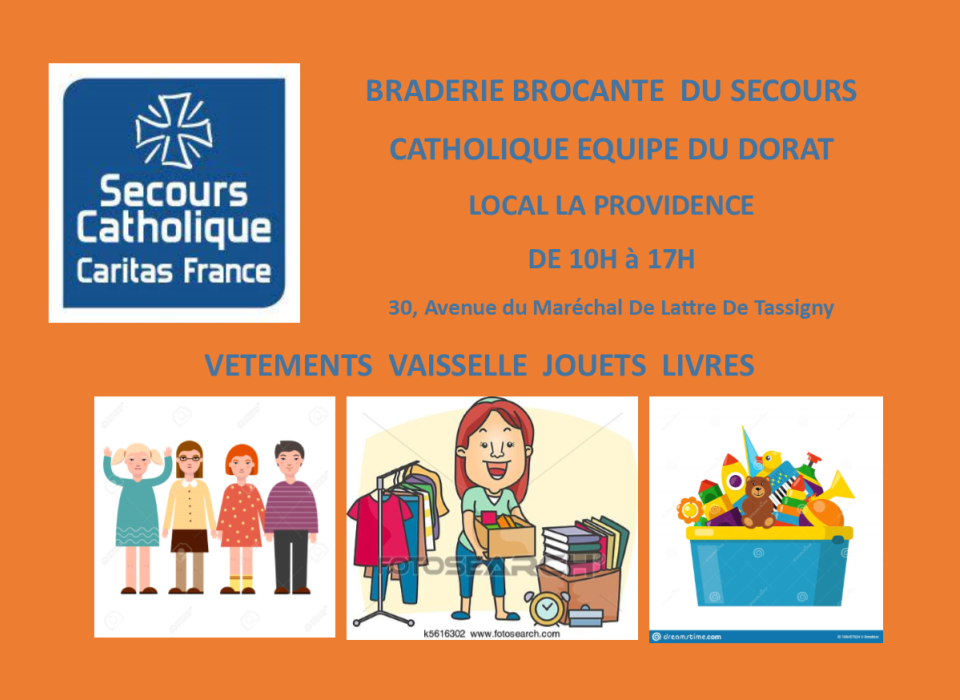 Braderie et brocante au Dorat, le 12 juin de 10 à 17 heures L'équipe du Secours Catholique du Dorat organise une braderie le 12 juin prochain
